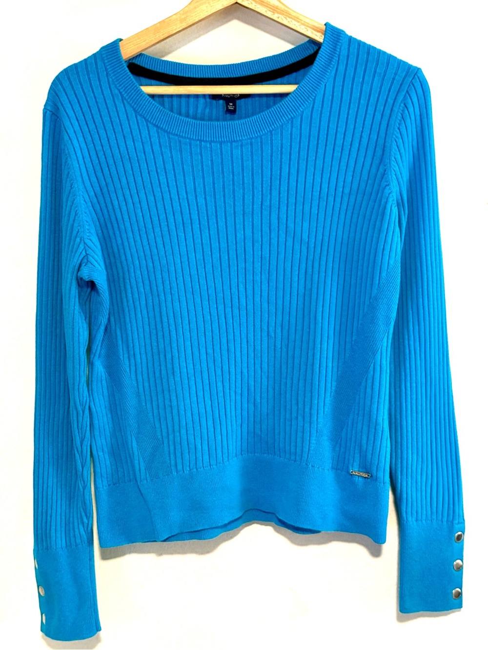 Nautica Turquoise Blue Ribbed Cotton Blend Sweater Size M Button Cuff